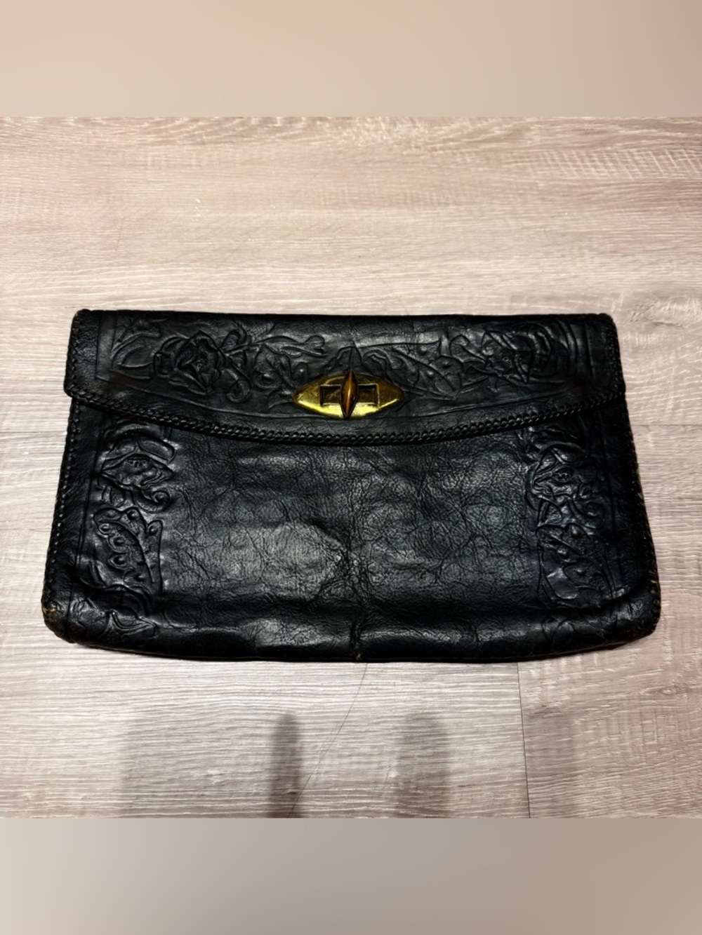 Vintage 70s Black Tooled Leather Clutch Floral Hand Tooled Western Boho Purse